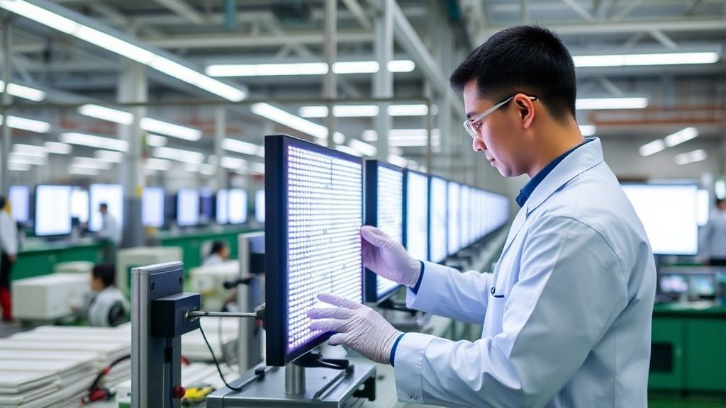 Technicians performing quality control checks on LED display panels in a factory