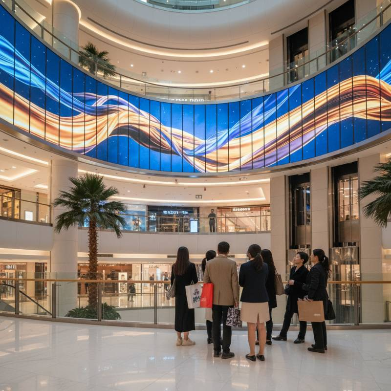 Curved flexible LED display in a luxury retail mall interior Curved flexible LED display in a luxury retail mall interior