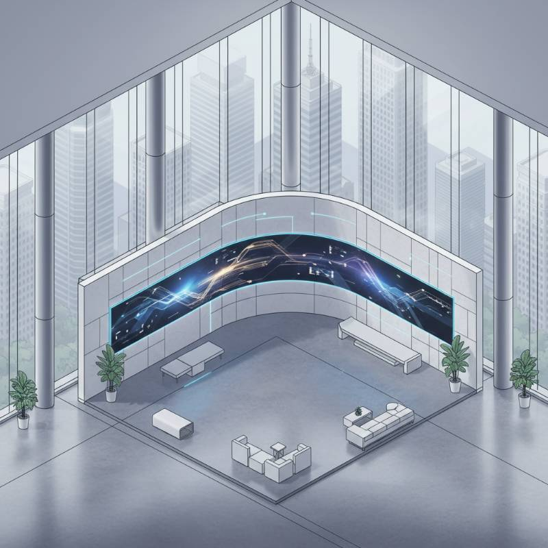 Architectural CAD drawing of a flexible LED screen integrated into a building lobby Architectural CAD drawing of a flexible LED screen integrated into a building lobby