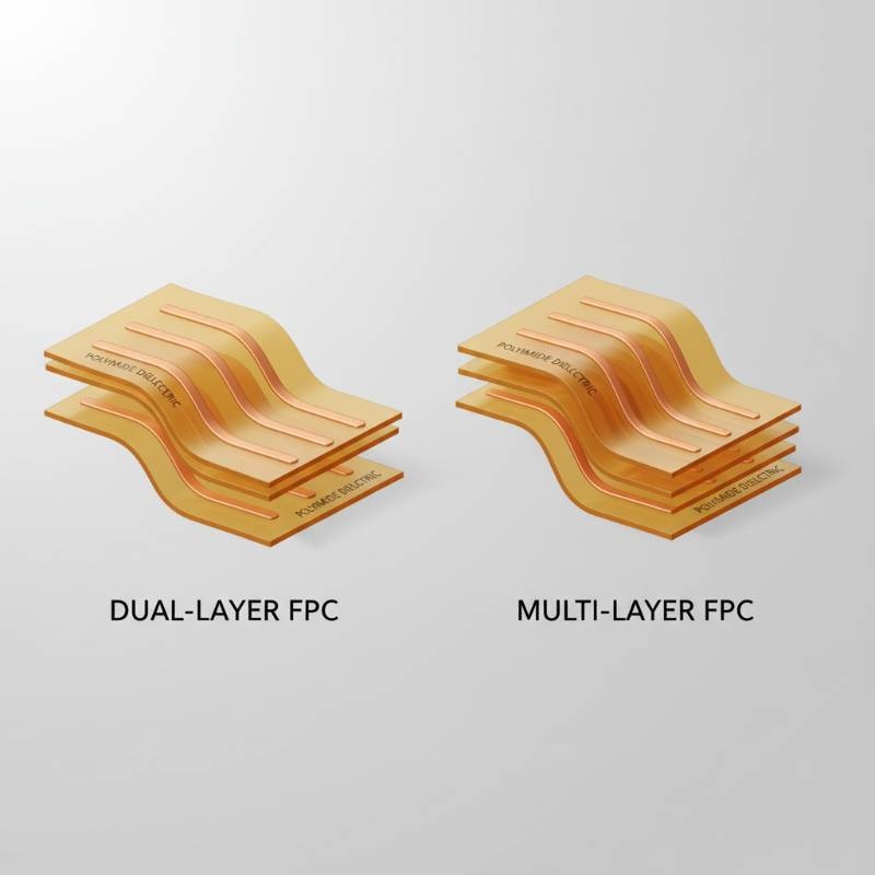 Cross-section diagram of dual-layer vs multi-layer flexible printed circuit board showing copper layers and polyimide dielectric Cross-section diagram of dual-layer vs multi-layer flexible printed circuit board showing copper layers and polyimide dielectric