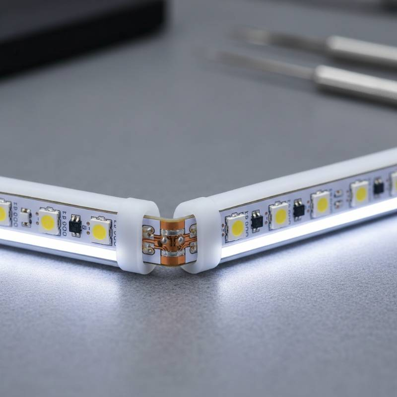 S-shaped LED strip being bent around a tight corner showing the flexible circuit board under tension S-shaped LED strip being bent around a tight corner showing the flexible circuit board under tension