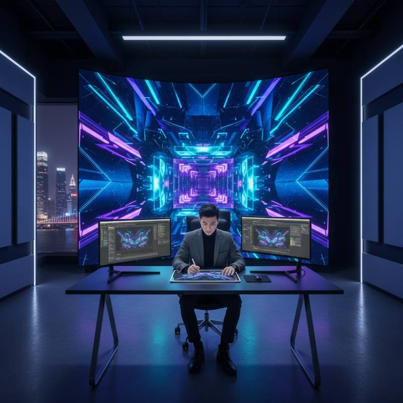 Graphic designer creating content for wide LED wall