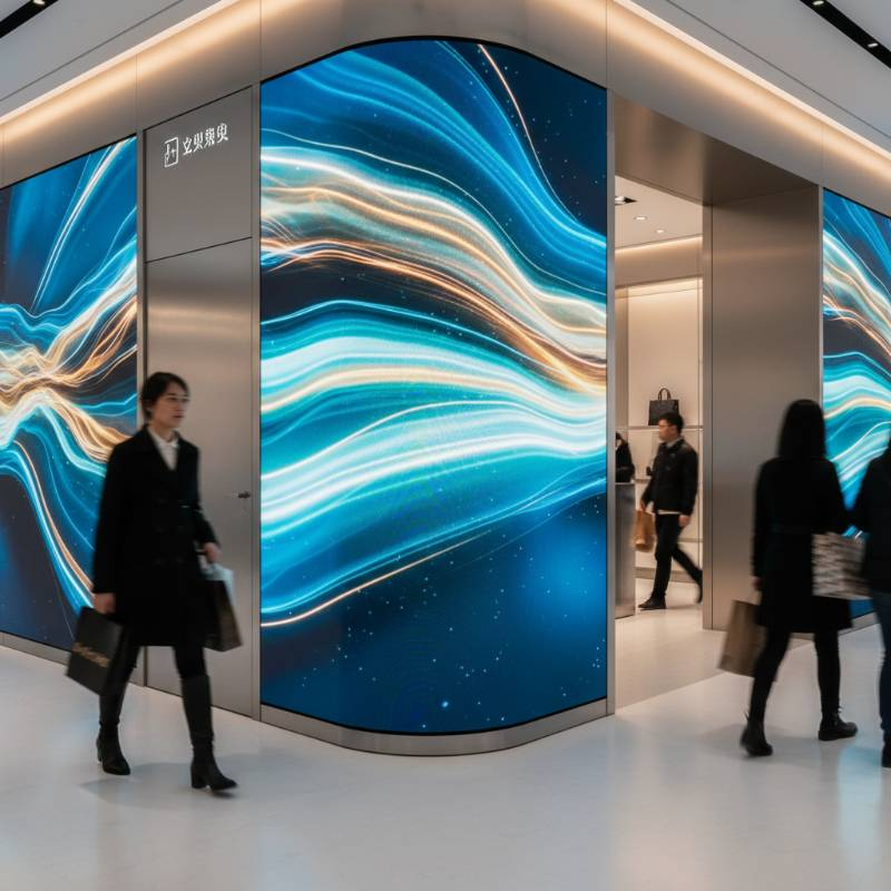 Close up of a seamless curved LED corner in a retail setting