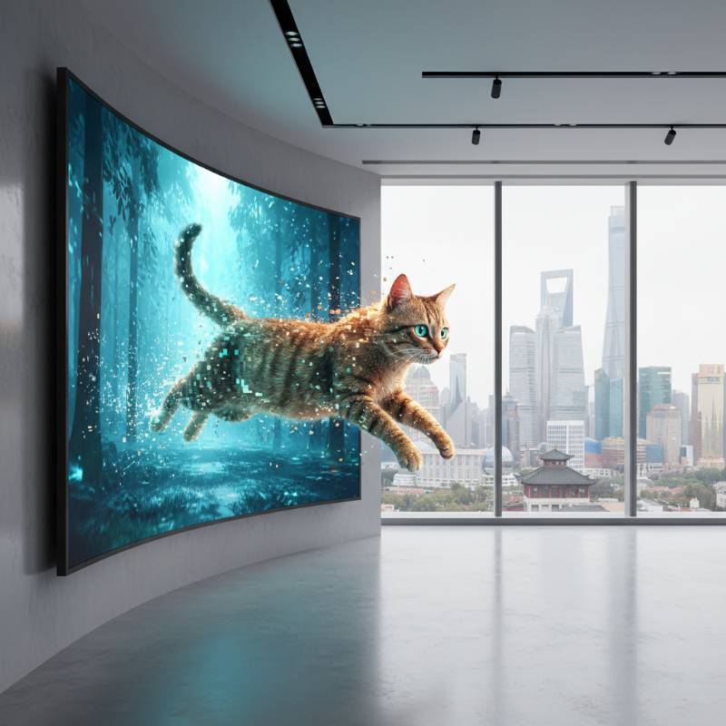  A 3D anamorphic cat jumping out of a curved LED screen
