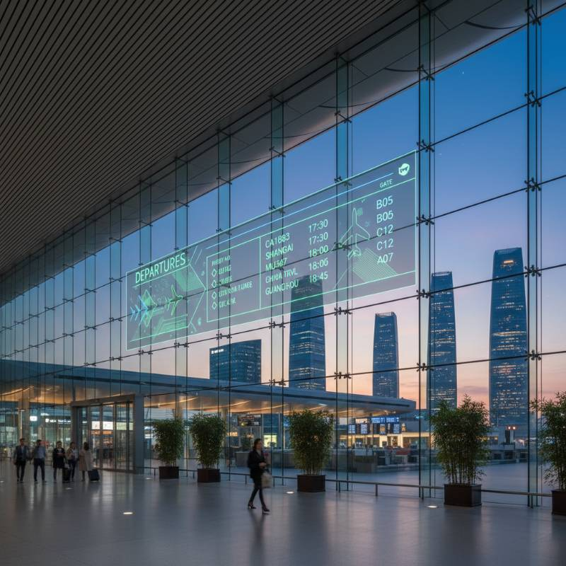 Modern airport terminal glass facade with transparent LED film displaying flight info Modern airport terminal glass facade with transparent LED film displaying flight info