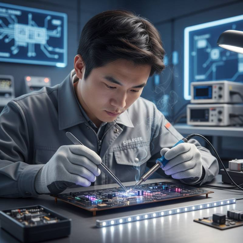 Technician repairing LED ribbon cable Technician repairing LED ribbon cable