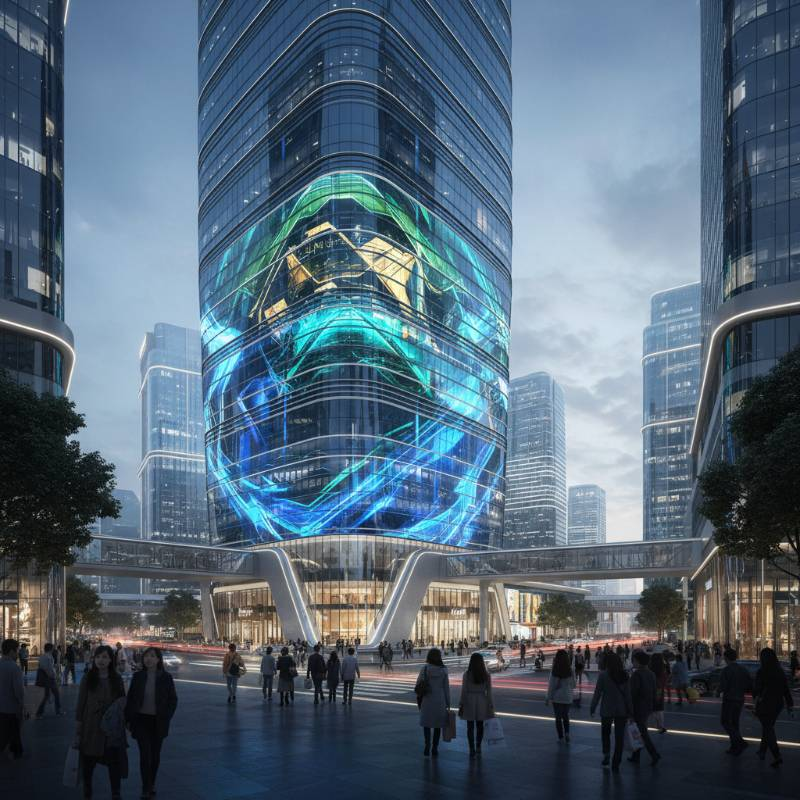 Film LED screen on curved glass building facade Film LED screen on curved glass building facade