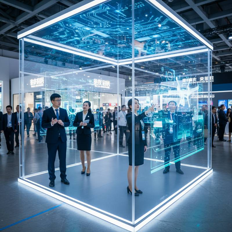 Futuristic transparent LED booth display at a trade show Futuristic transparent LED booth display at a trade show