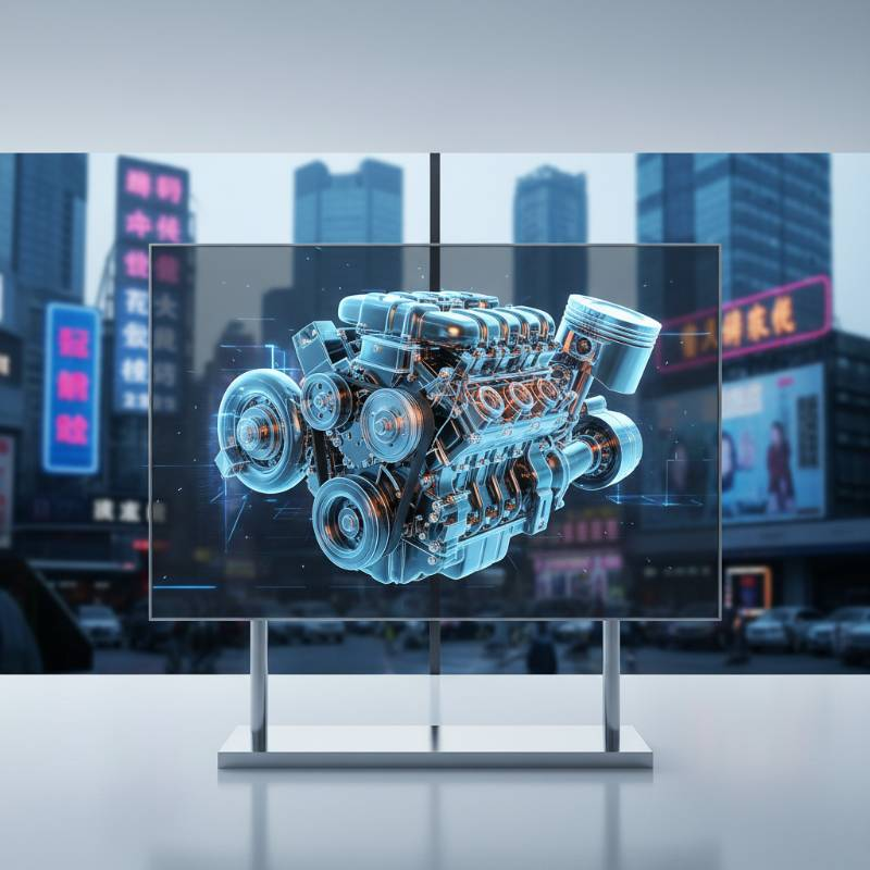 3D holographic effects on a transparent LED screen showing an engine 3D holographic effects on a transparent LED screen showing an engine