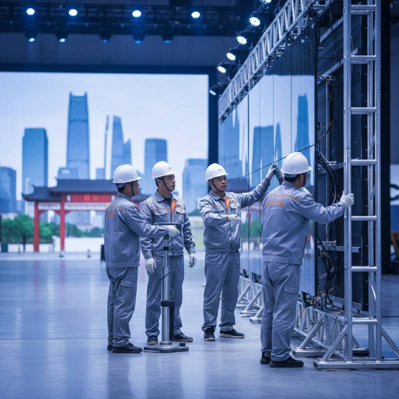 Professional AV team installing transparent LED panels Professional AV team installing transparent LED panels