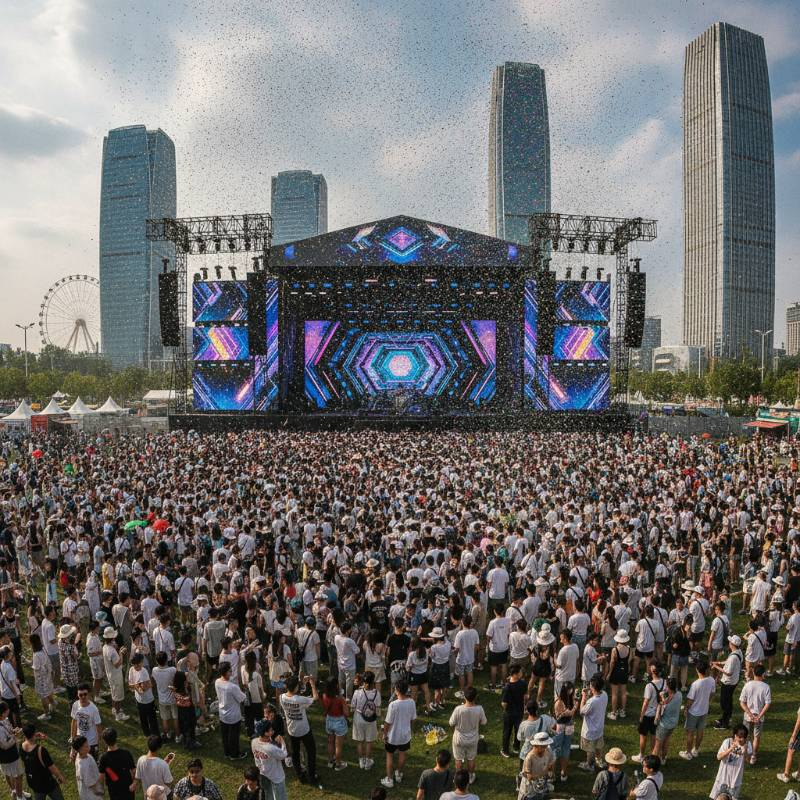 Outdoor music festival during the day with bright LED screens Outdoor music festival during the day with bright LED screens