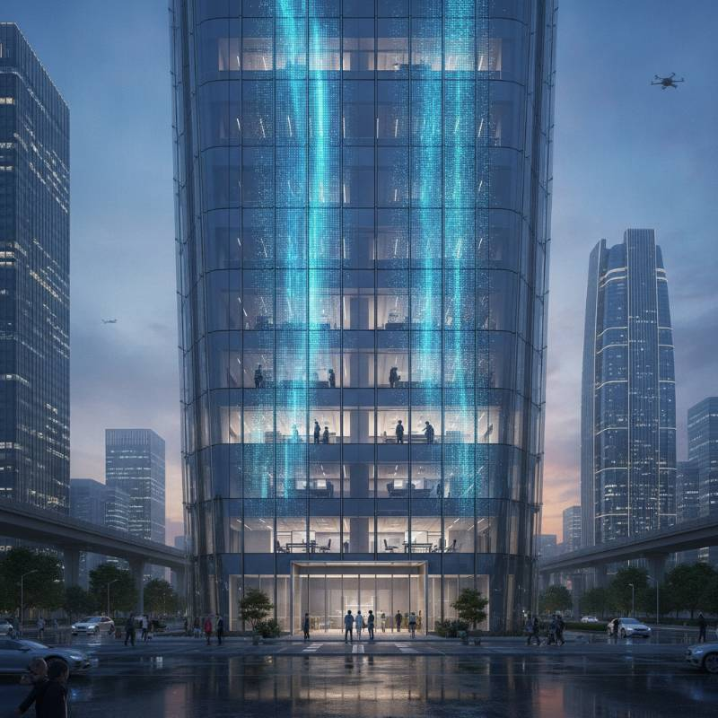 Transparent LED screen installation on a modern skyscraper facade Transparent LED screen installation on a modern skyscraper facade