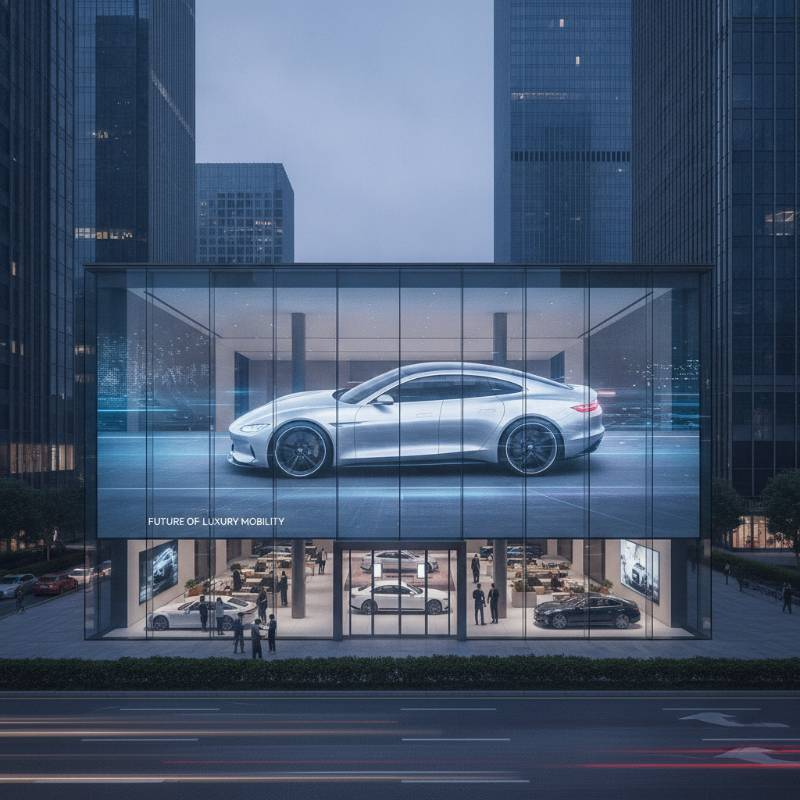 Luxury car showroom glass facade with transparent LED display showing a sleek electric vehicle