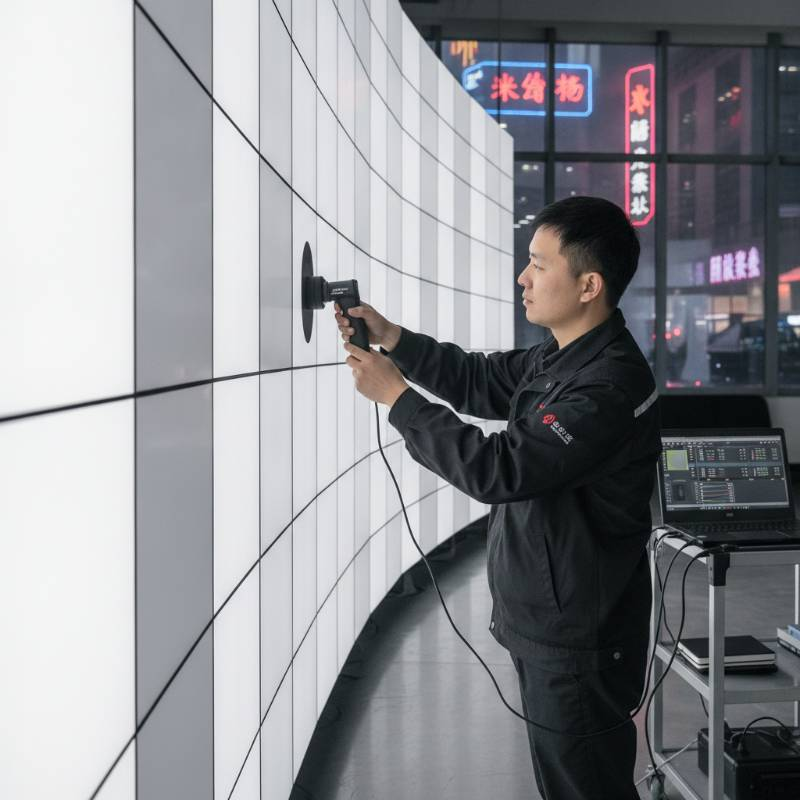Technician using a colorimeter to calibrate a large LED wall