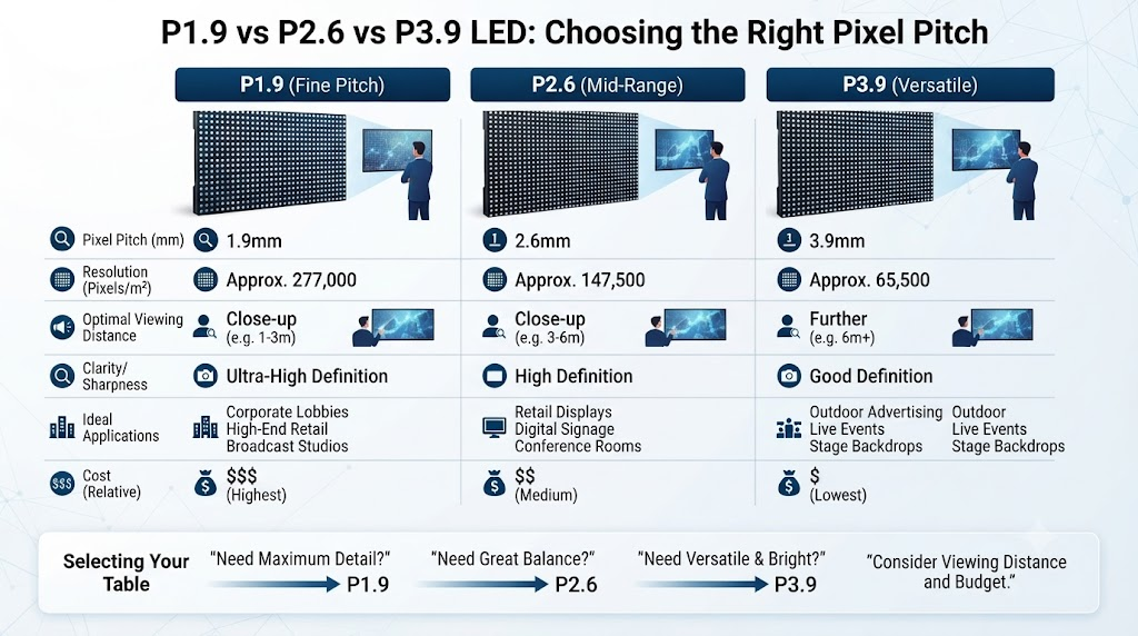 P1.9 vs P2.6 vs P3.9 LED: Choosing the Right Pixel Pitch P1.9 vs P2.6 vs P3.9 LED: Choosing the Right Pixel Pitch