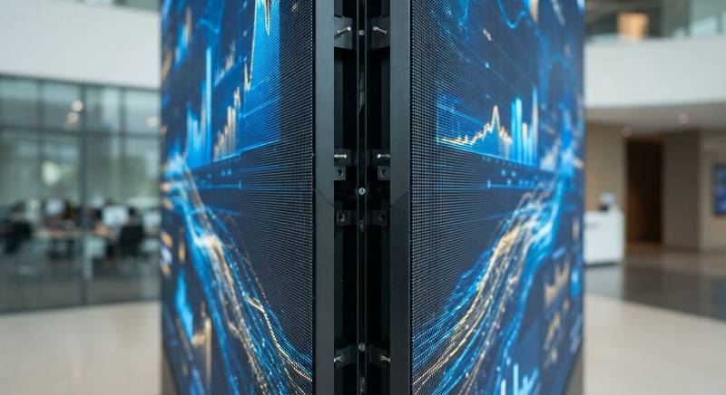 Close-up of a 90-degree LED screen corner using beveled cabinets