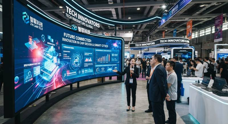 Large curved LED wall at a high-tech exhibition booth