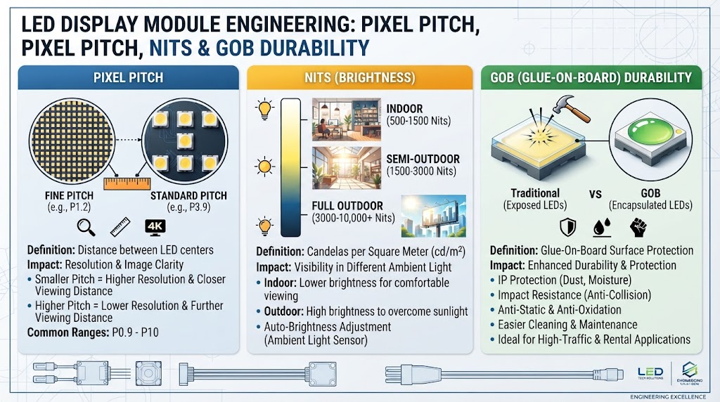 LED Display Module Engineering: Pixel Pitch, Nits & GOB Durability LED Display Module Engineering: Pixel Pitch, Nits & GOB Durability